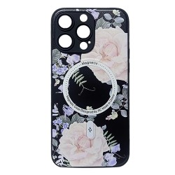 Capa Magnética com Desenho de Flores para Apple iPhone 15 Pro Preto Capa Magnética com Desenho de Flores para Apple iPhone 15 Pro Preto